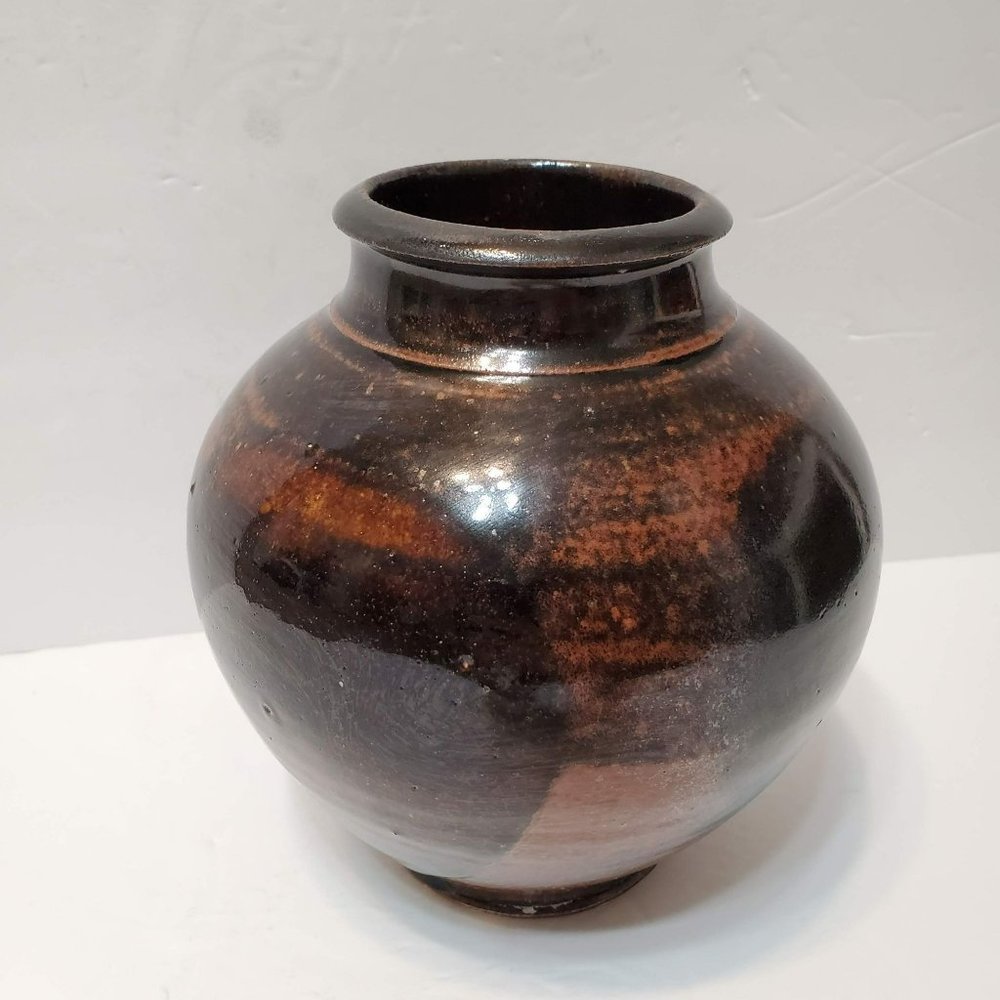 Vintage Handmade Studio Art Pottery Vase, Brown Beige Blue, 6.5" Signed Kristy